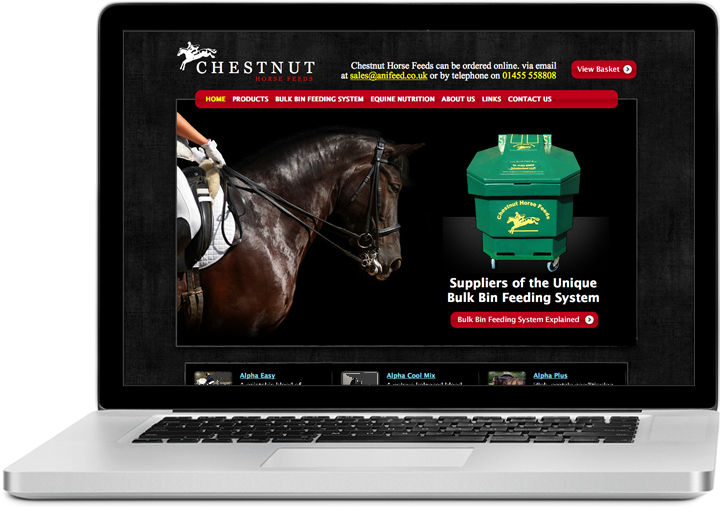 A screenshot of the Chestnut Horse Feeds e-commerce website, created by Source Design