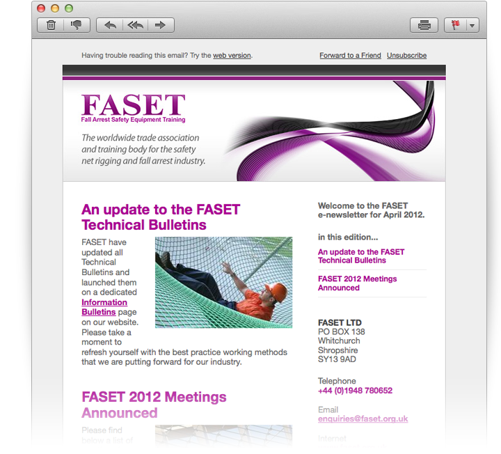 A screenshot of the FASET email newsletter, created by Source Design